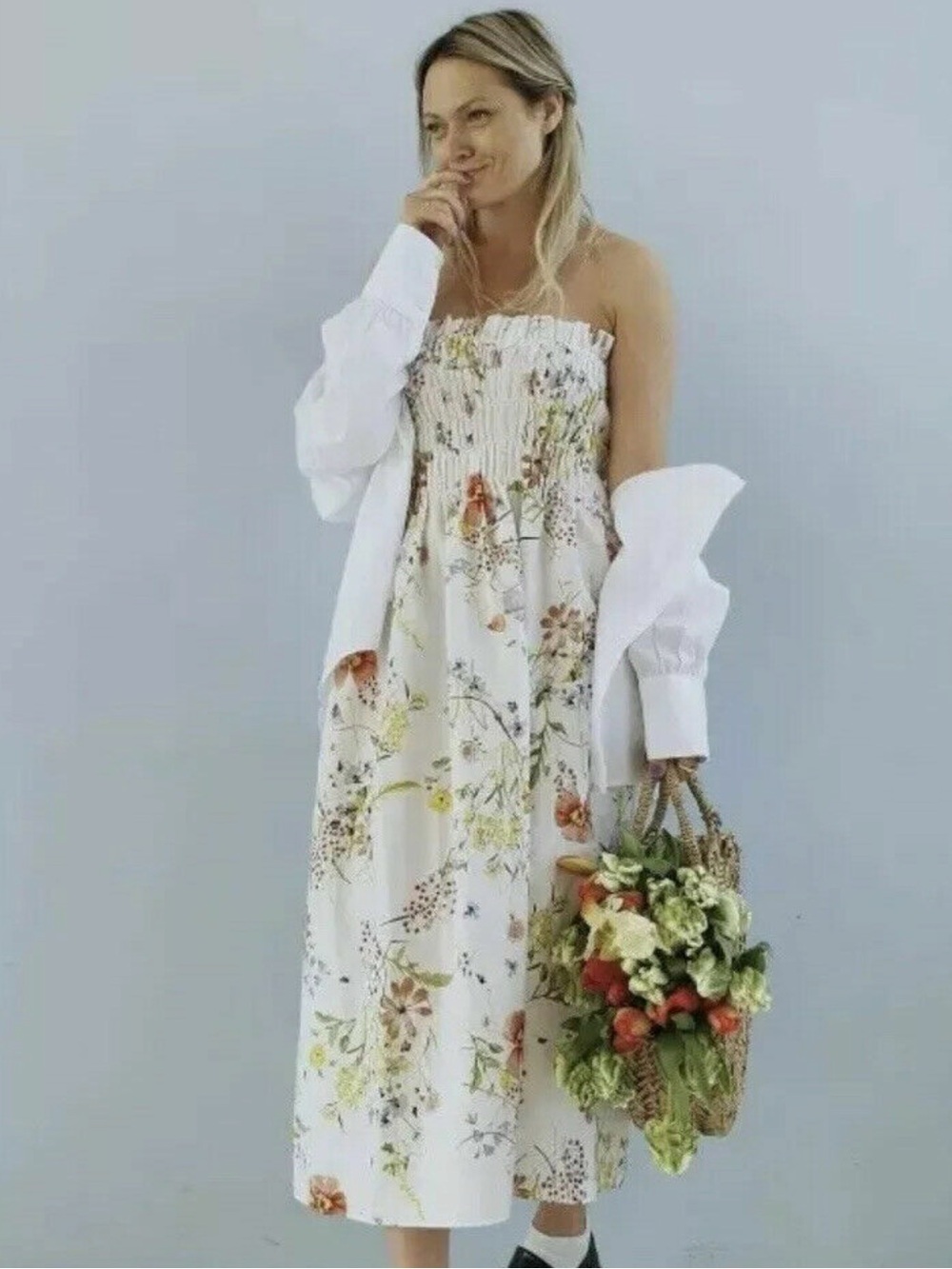 White Floral Smocked Bodice Midi Sundress Size Large